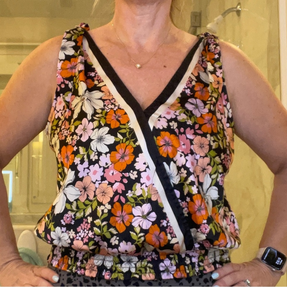 Joie Black Floral Tie-Shoulder Camisole with Pink & Orange Flowers